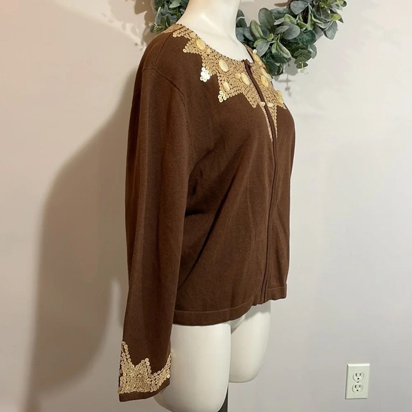 NWT Tasha Polizzi Brown Zip Front Cardigan Gold Sequin Stone Bead Detail… - Picture 5 of 16
